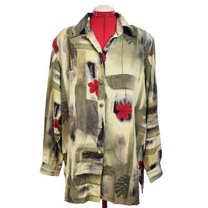 BEVERLY ROSE Green Red Floral Button Up Blouse Long‎ Sleeve Size 2XL